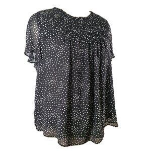Torrid Chiffon Smocked Pintuck Flutter Short Sleeve Blouse Black & White Polka-D